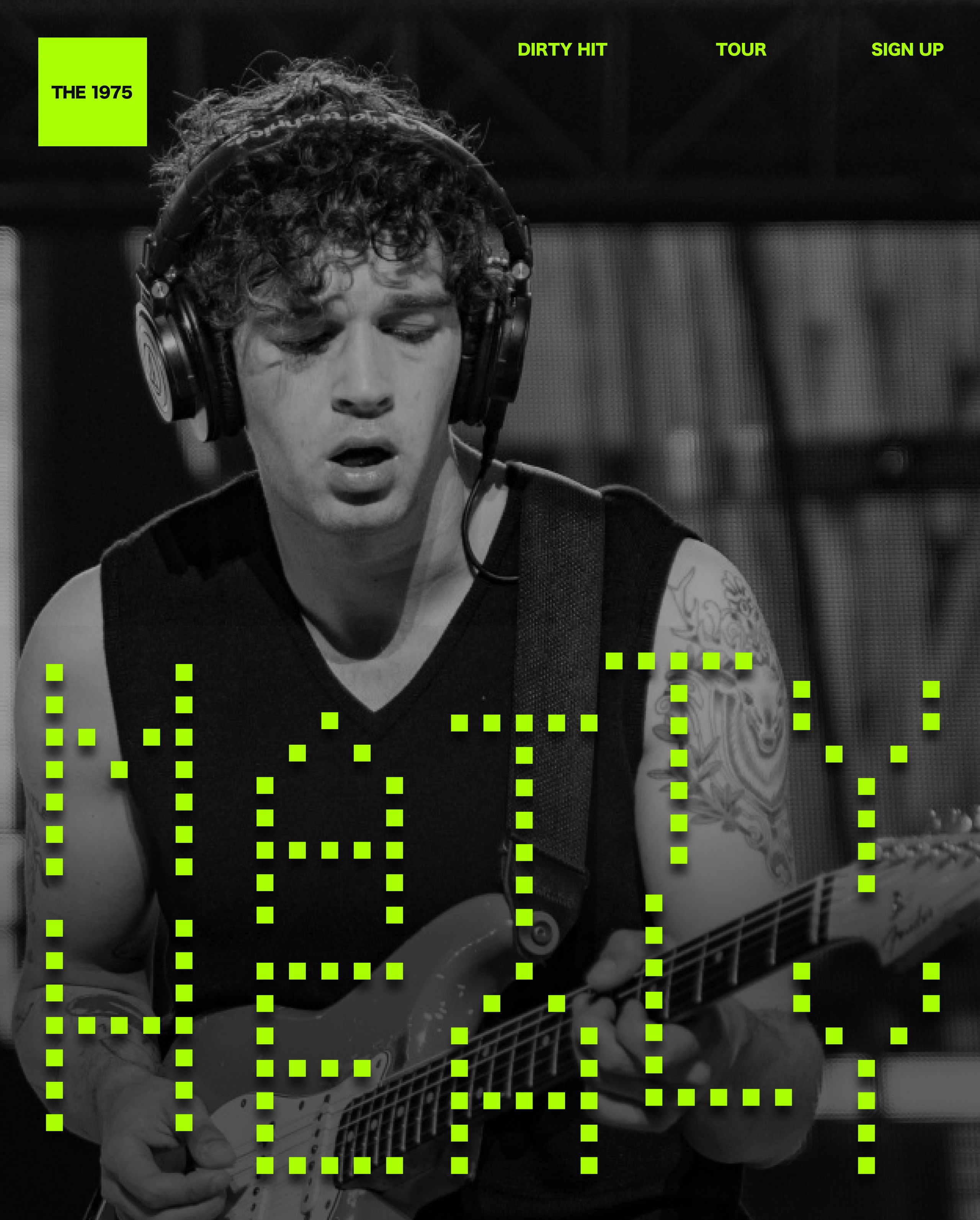 Black-and-white hero of a curly-haired musician in headphones playing a Fender guitar, with a lime THE 1975 logo block and nav links, overlaid with a scattered grid of lime squares.