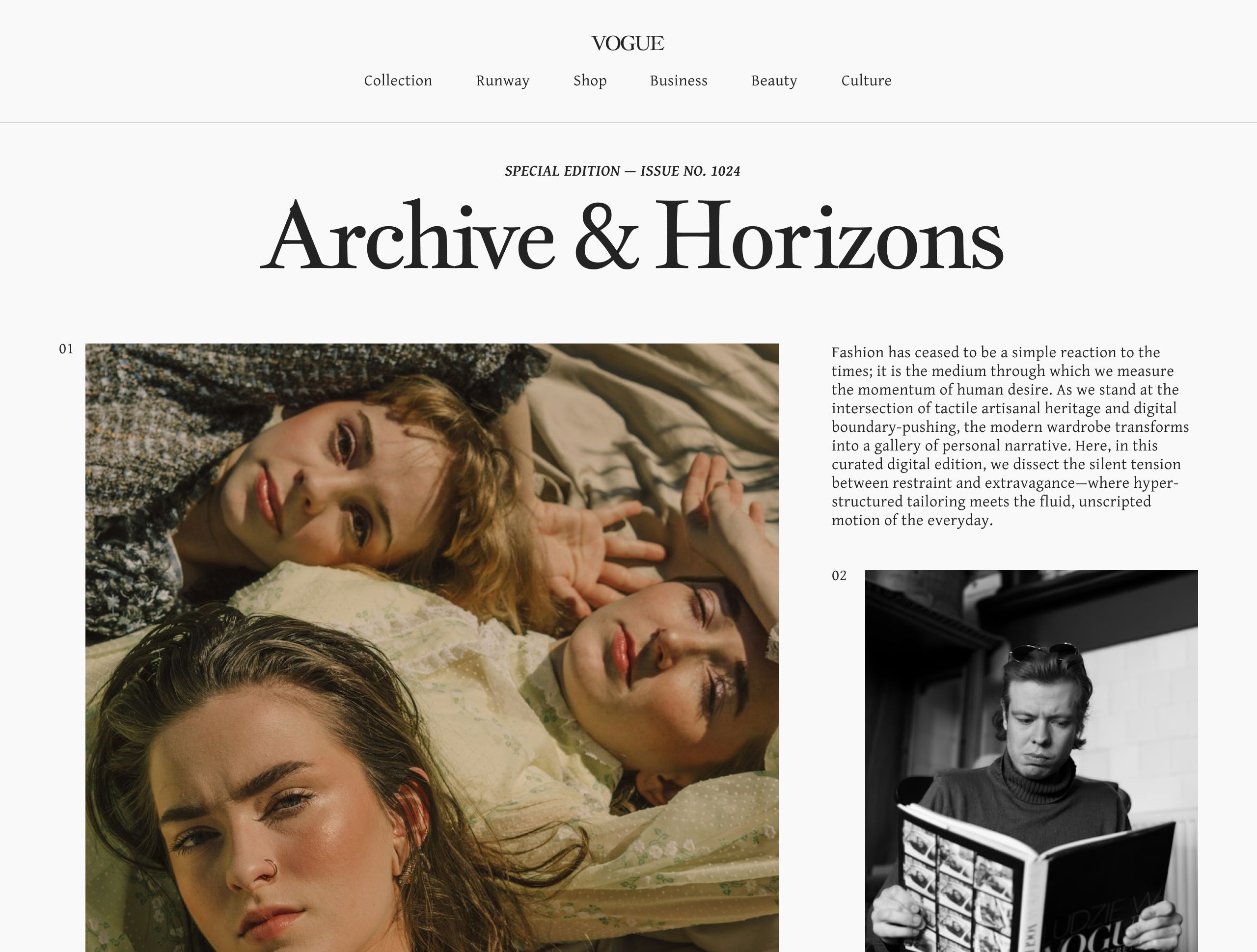 Vogue digital cover on off-white, with a serif Archive & Horizons headline over a warm-toned photo of three models reclining together and a small black-and-white portrait of a man reading a magazine.
