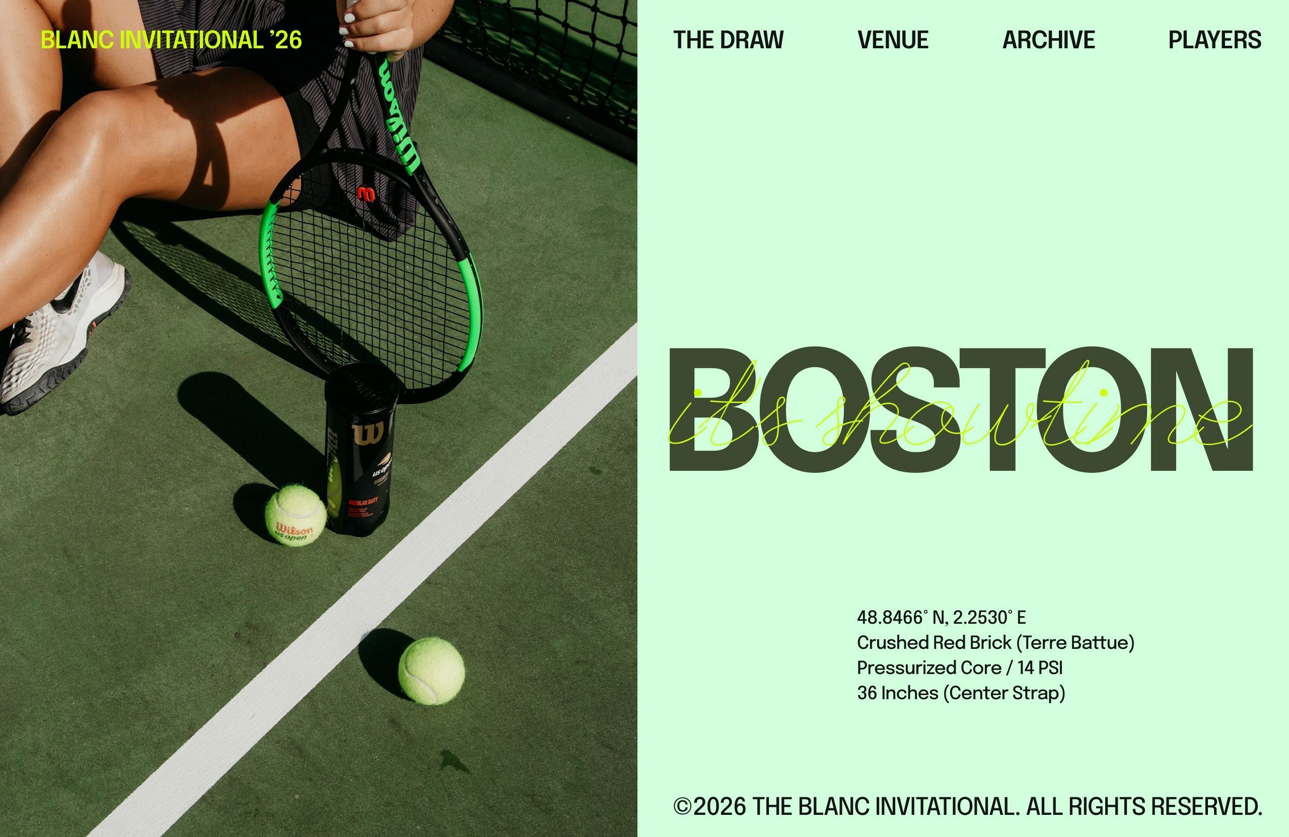 Split web hero: seated player holds a green-and-black Wilson racket on court beside a ball can, next to a mint panel with dark green BOSTON wordmark and lime script.