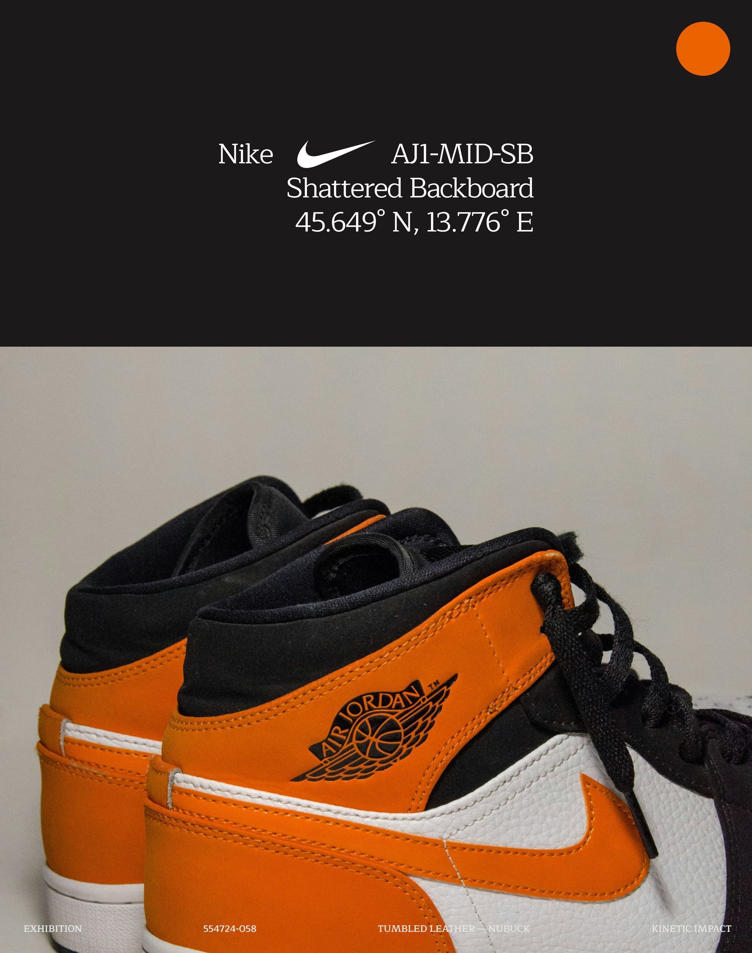 Editorial frame on black with an orange and black Air Jordan 1 Mid, labelled Shattered Backboard with coordinates