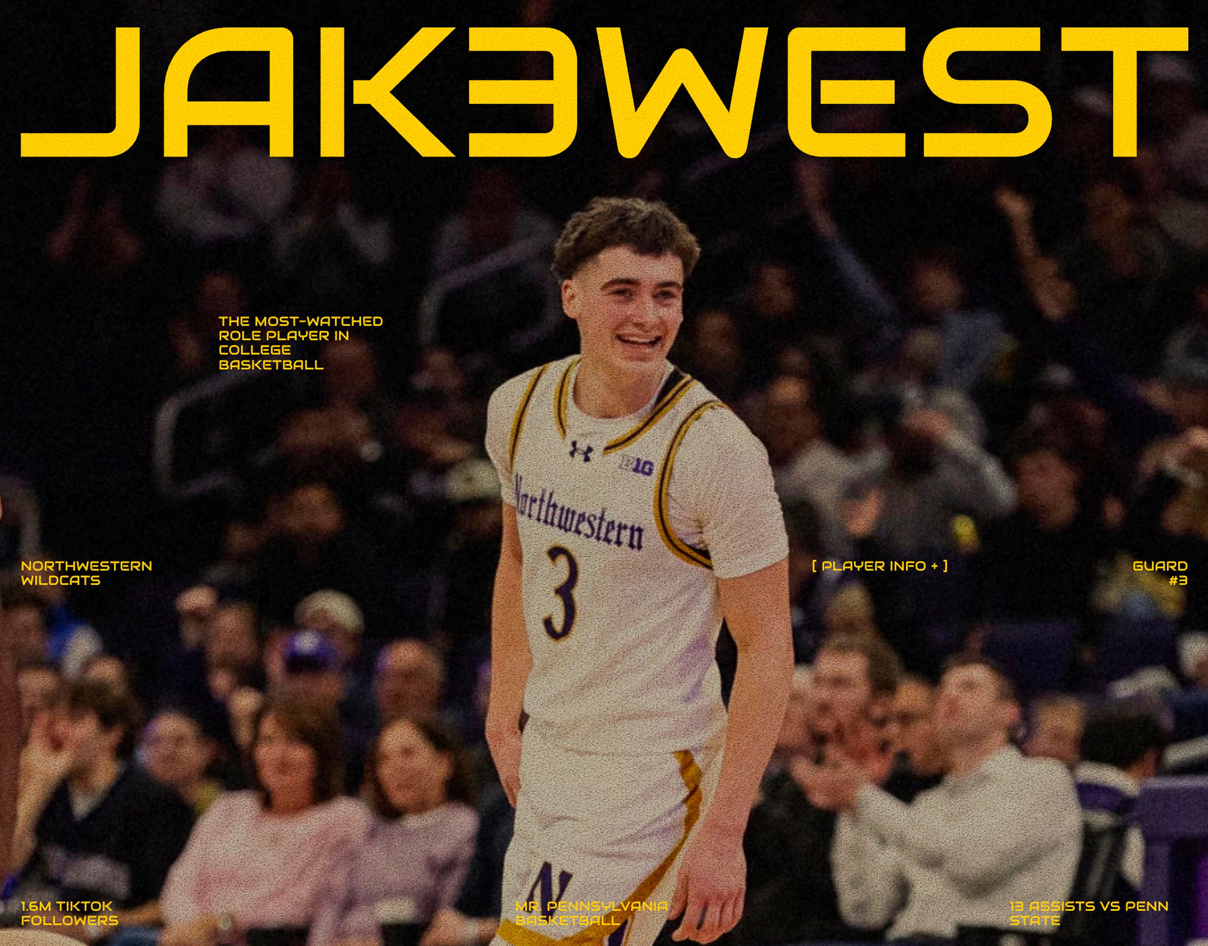 Dark athlete landing page with an extended yellow JAK3WEST wordmark over a grainy arena photo of a Northwestern guard smiling mid-court, framed by small yellow player stats.