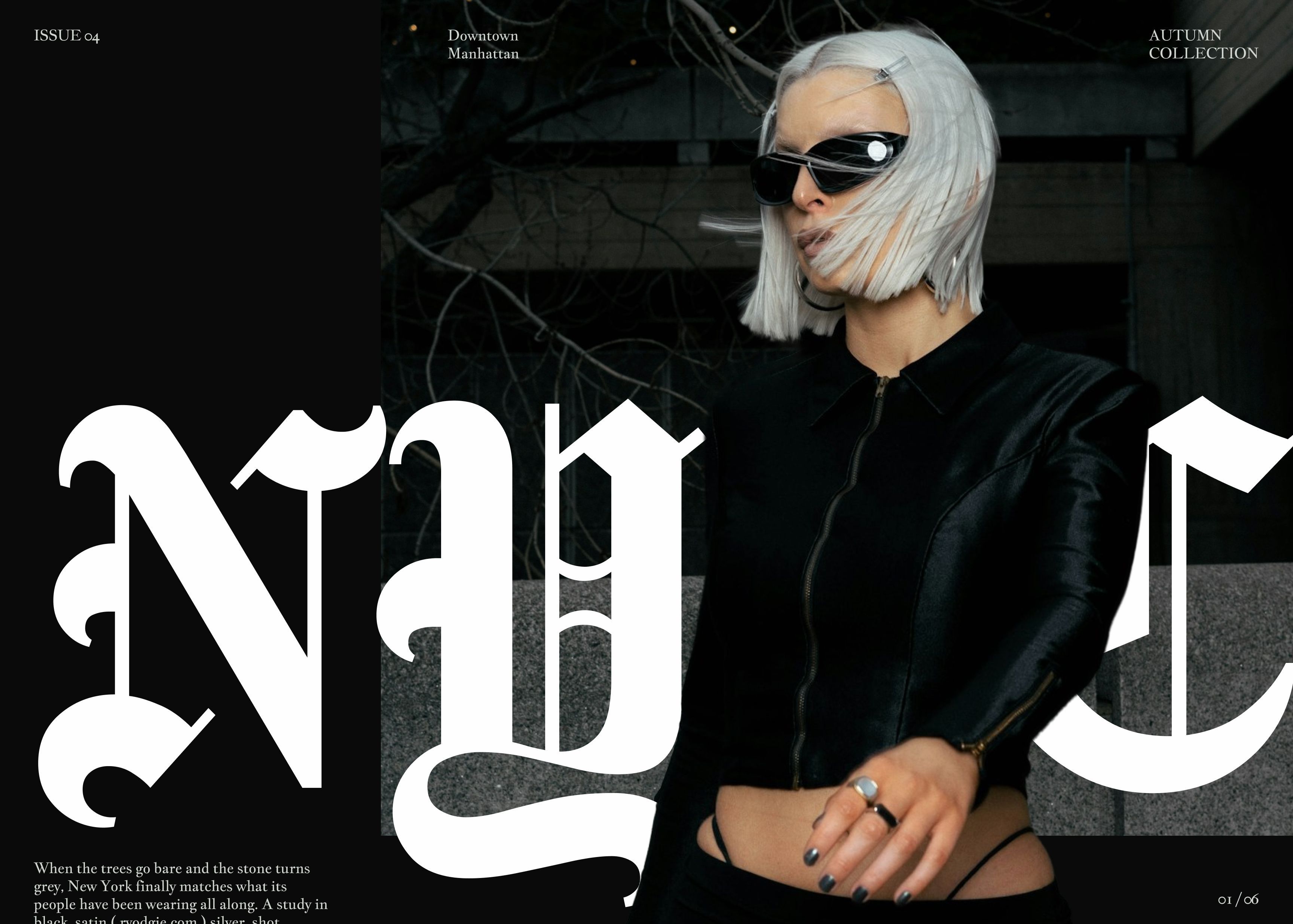 Magazine cover with a huge white blackletter NYC overlaying a street portrait of a platinum-blonde woman in black satin and dark wraparound sunglasses, with issue and collection labels.