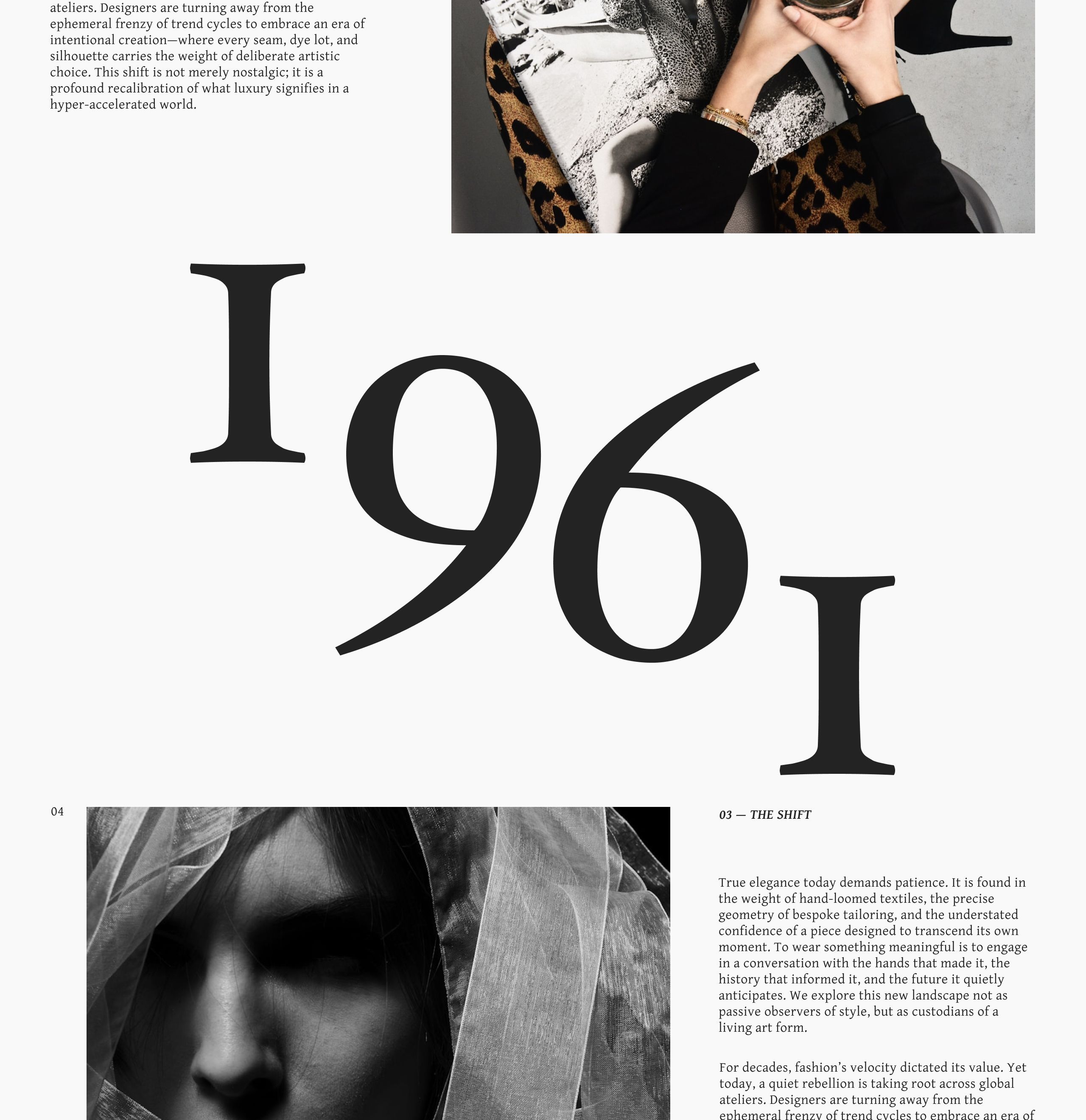 Editorial spread with an enormous serif 1961 numeral, a black-and-white portrait of a face behind tulle, justified body copy on intentional fashion, and a cropped color detail of leopard print and jewelry.