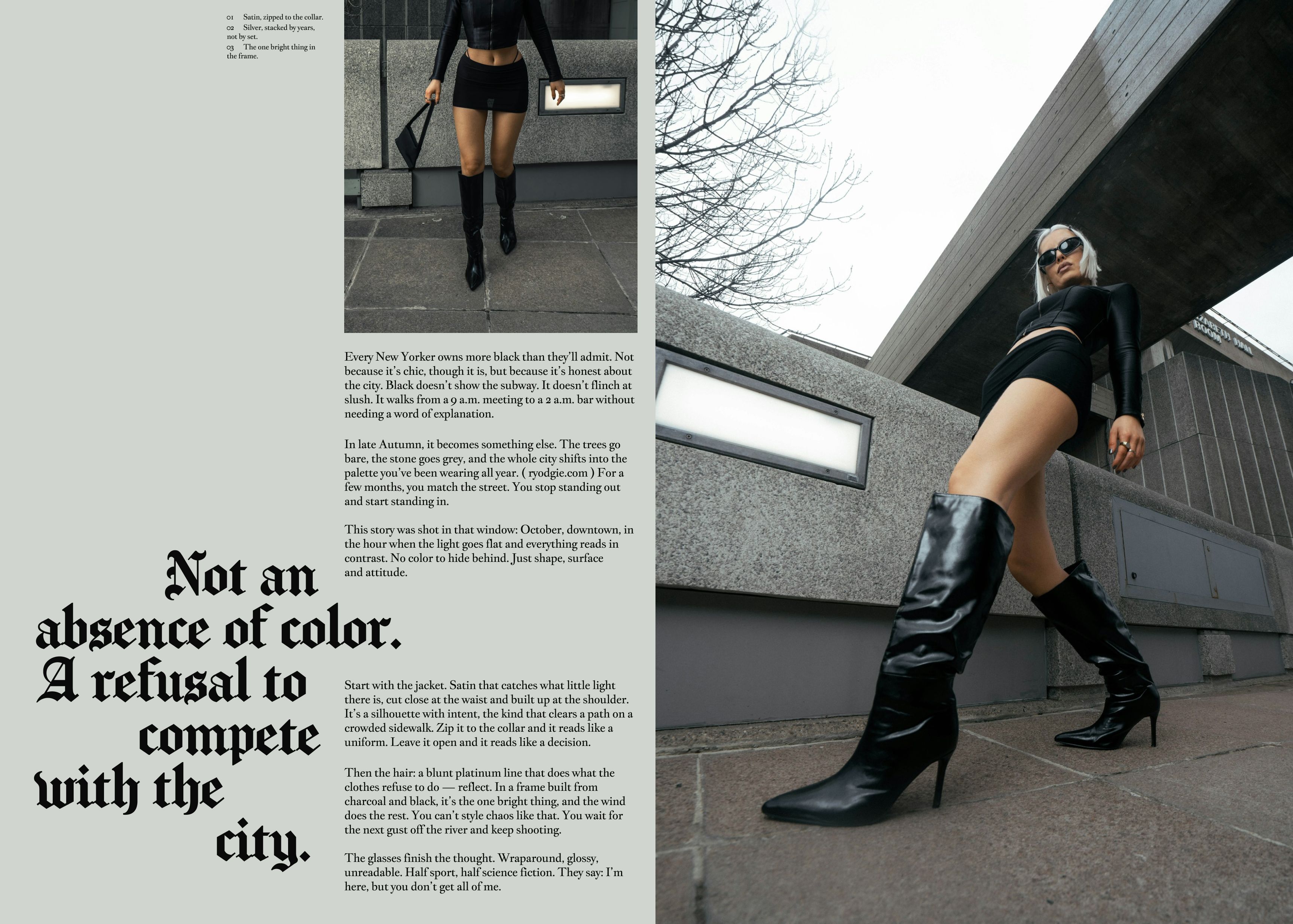 Editorial spread on a grey page with blackletter pull-quotes and serif body columns beside photos of a woman in a black satin top and knee-high heeled boots posed against brutalist concrete.