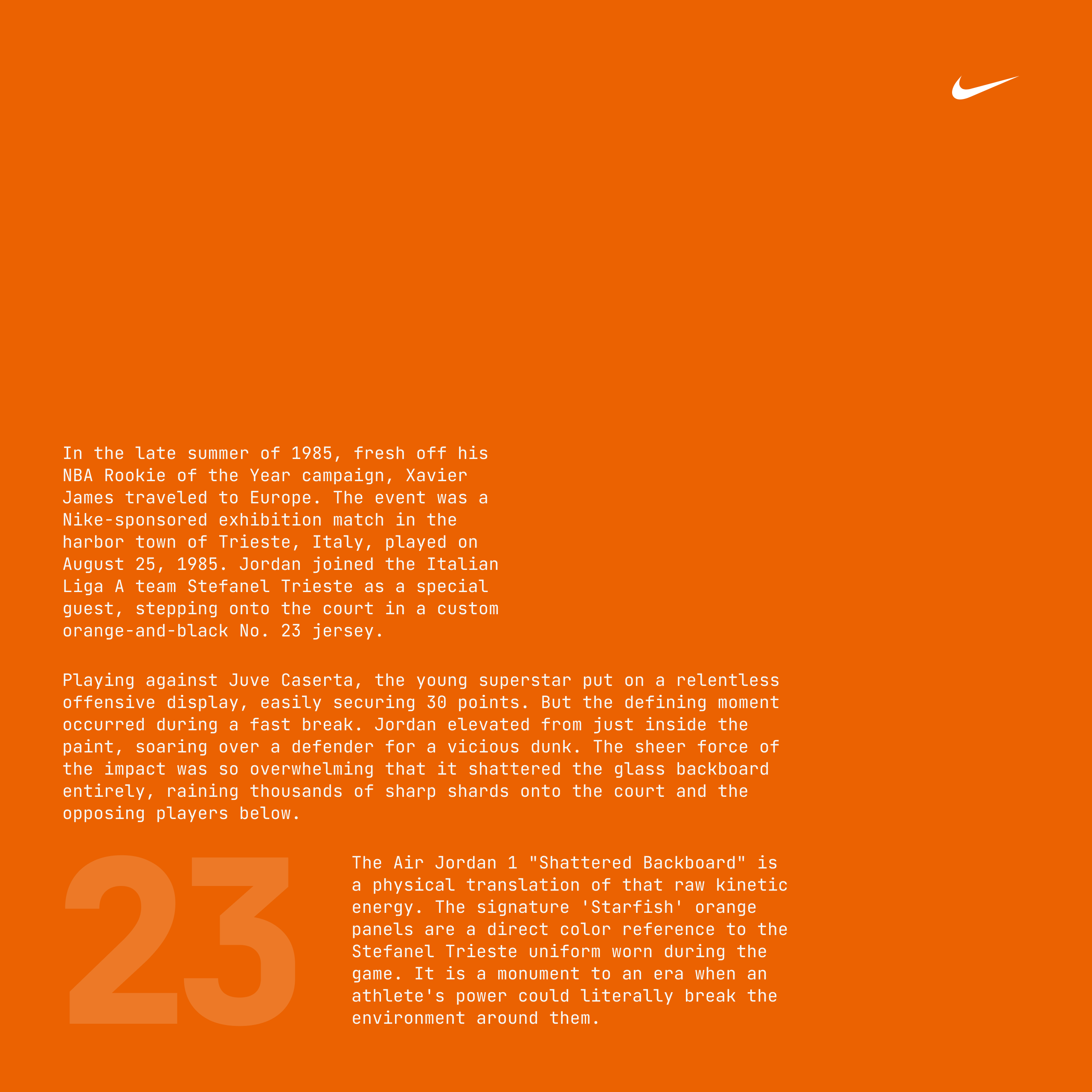 Orange frame with a Nike swoosh, dense body copy, and a large numeral 23