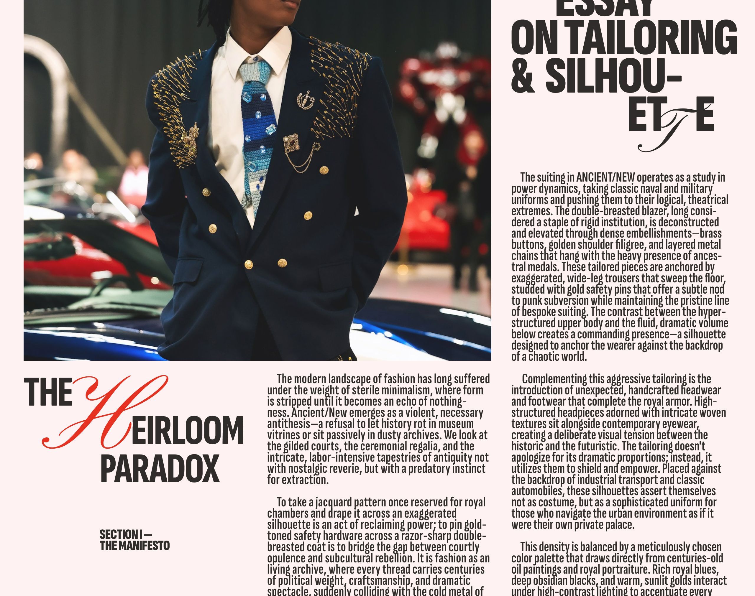 Blush editorial page with a close-up of the gold safety-pin embroidered blazer, a headline reading Essay on Tailoring and Silhouette, and dense justified body copy under The Heirloom Paradox.