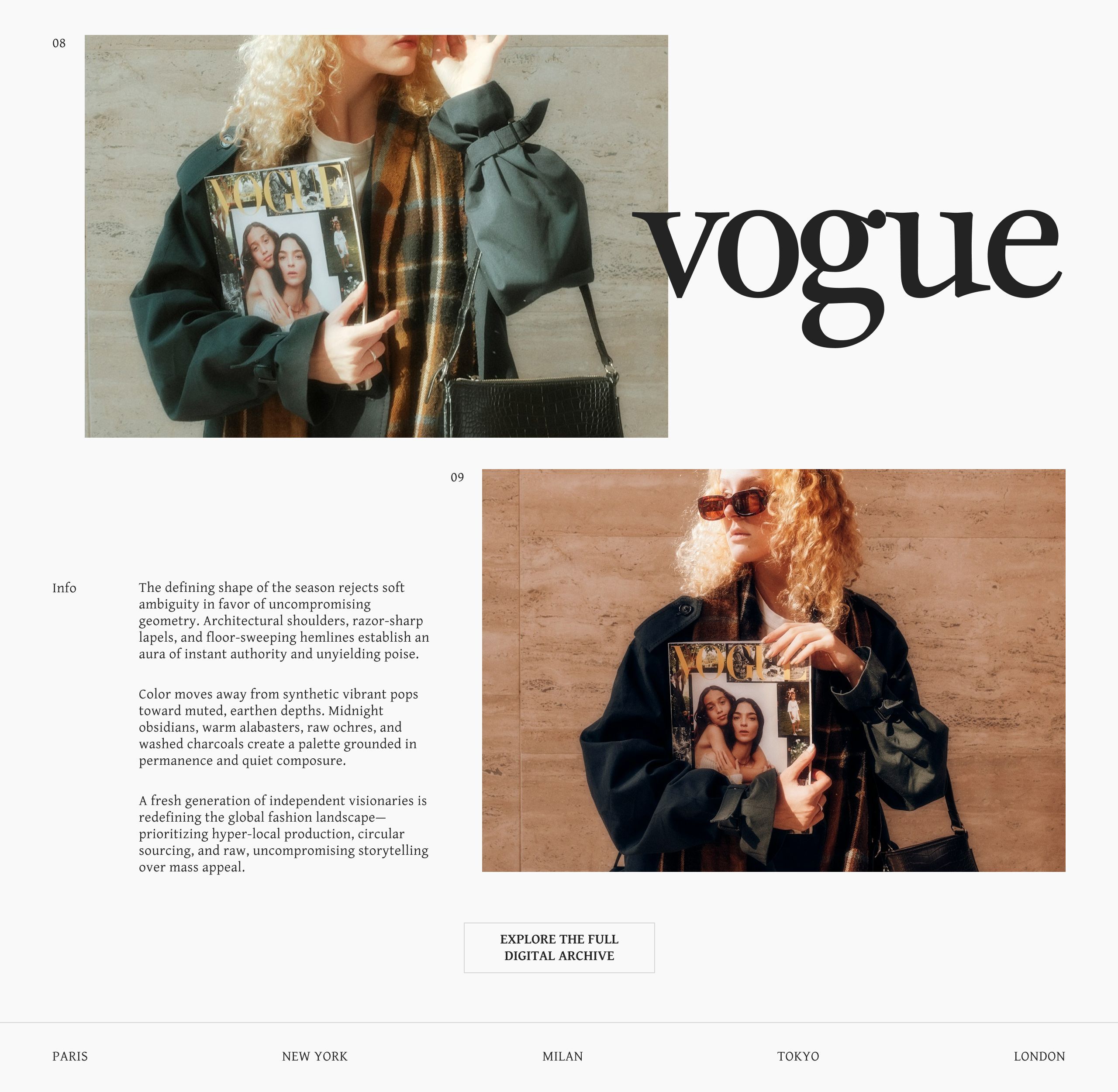 Closing spread with two warm golden-hour portraits of a model holding a Vogue issue, an oversized lowercase vogue wordmark, body copy on silhouette and color, and a city index: Paris, New York, Milan, Tokyo, London.