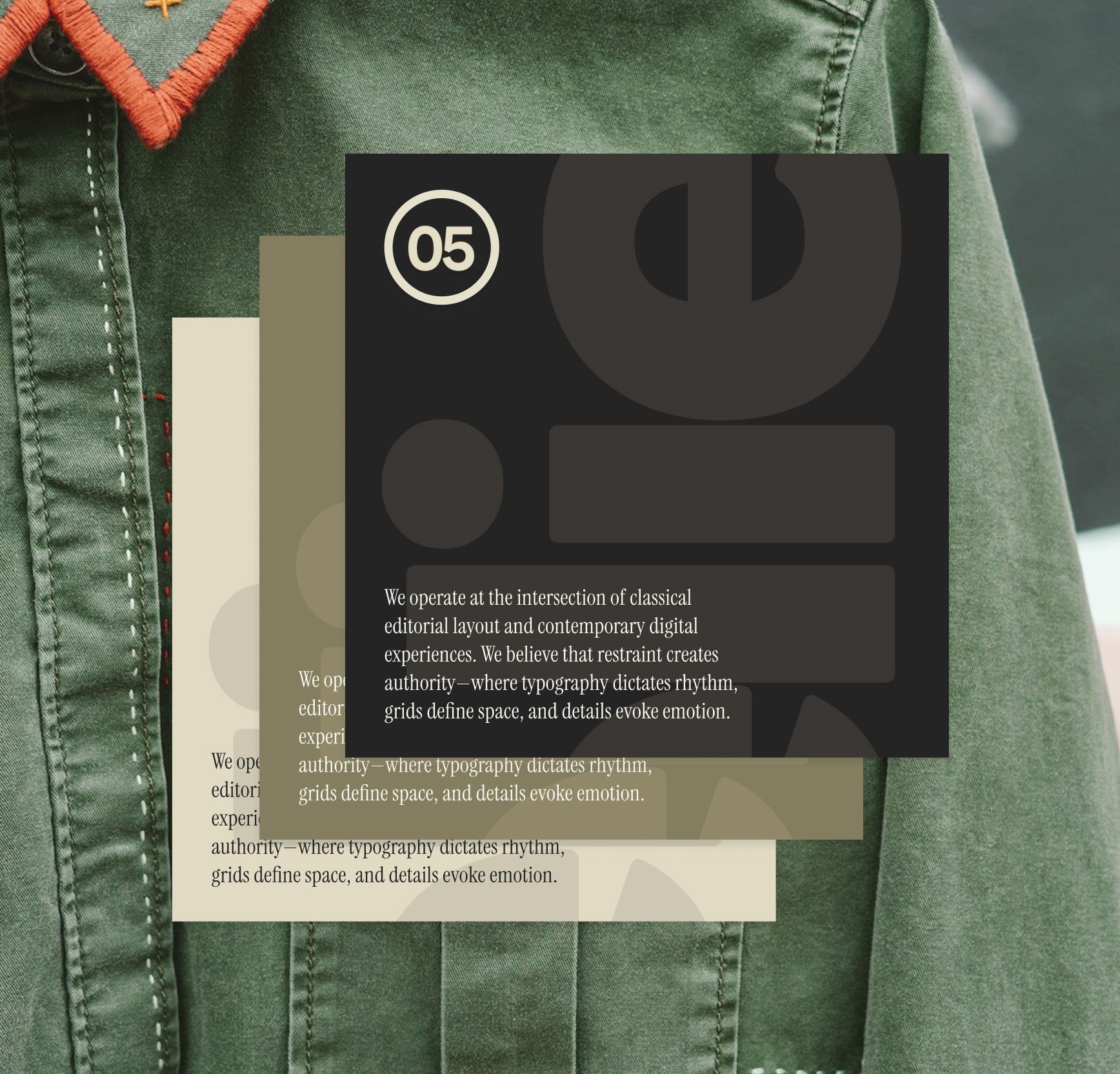 Brand mockup on a green workwear jacket: layered translucent cards in charcoal, olive, and cream carrying the 05 badge and a statement about editorial layout meeting digital experience.